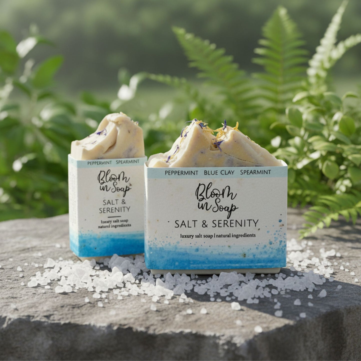 Two bars of 'Salt & Serenity' soap from Bloom in Soap on a stone surface with ferns in the background.
