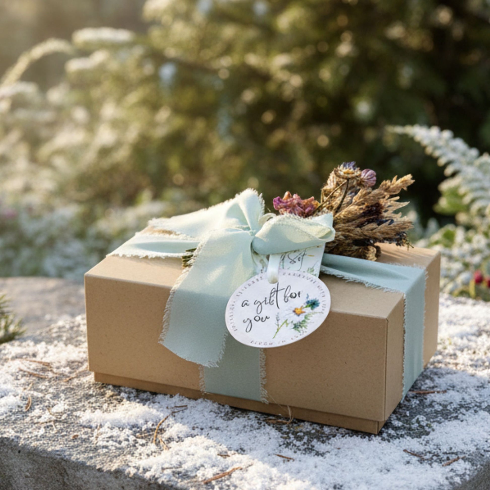 Gift box with a decorative ribbon and tag on a snowy surface with blurred greenery in the background
