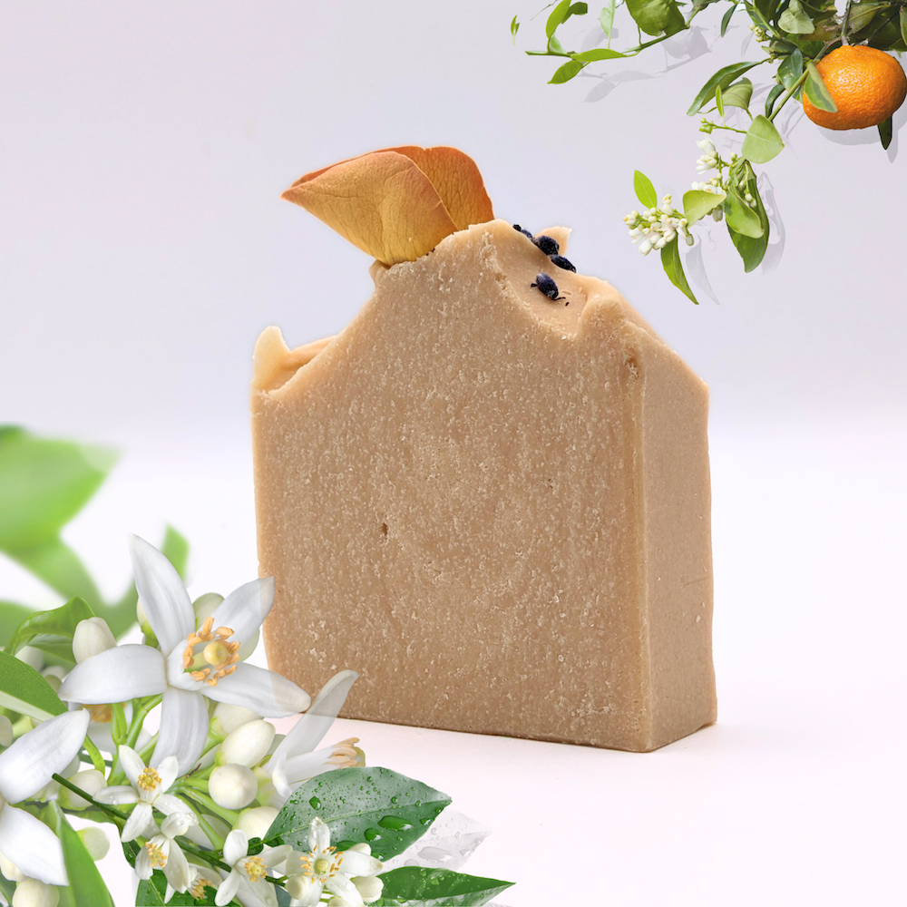 Orange Blossom natural soap with a rose petal on top