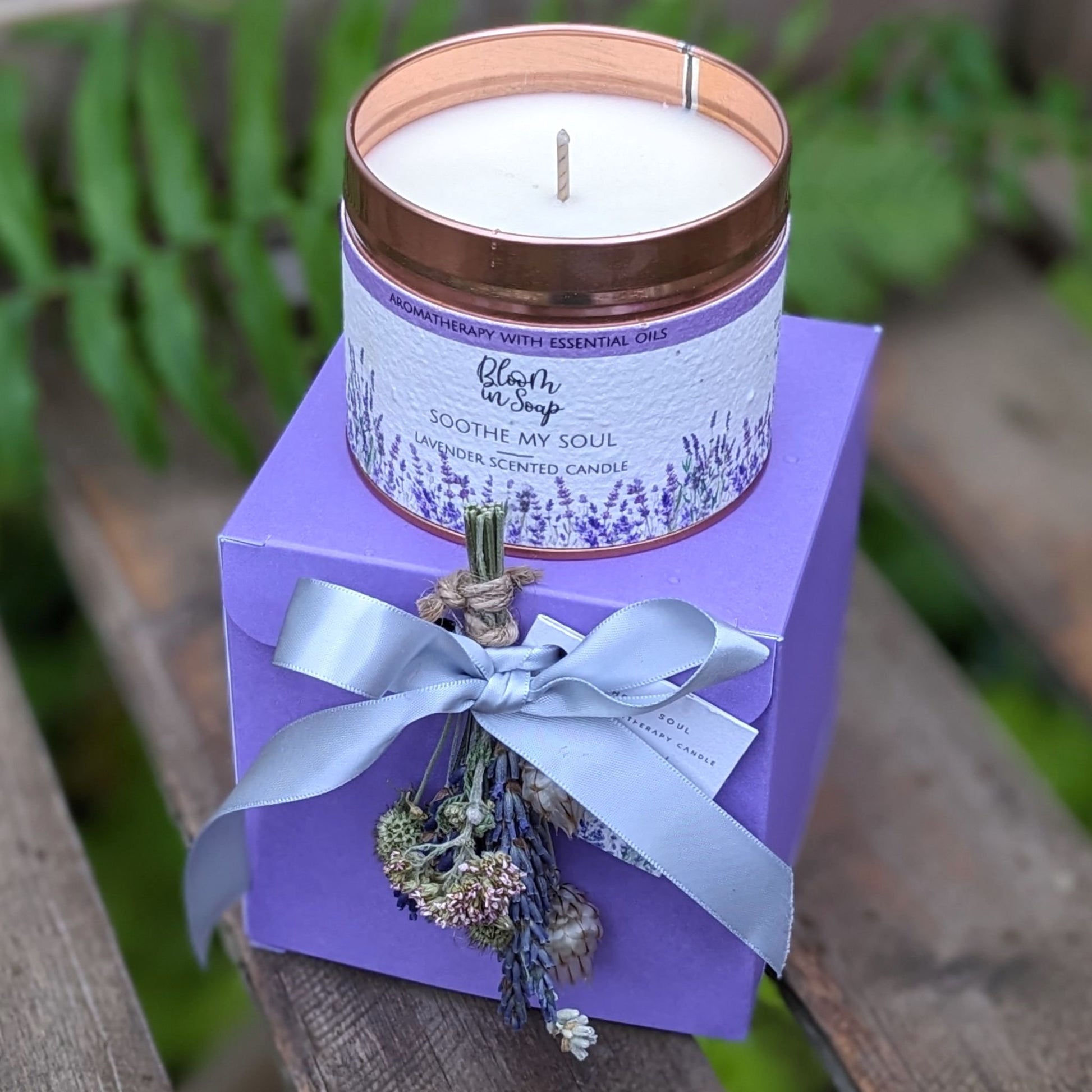 Soothe My Soul lavender candle in a gift box