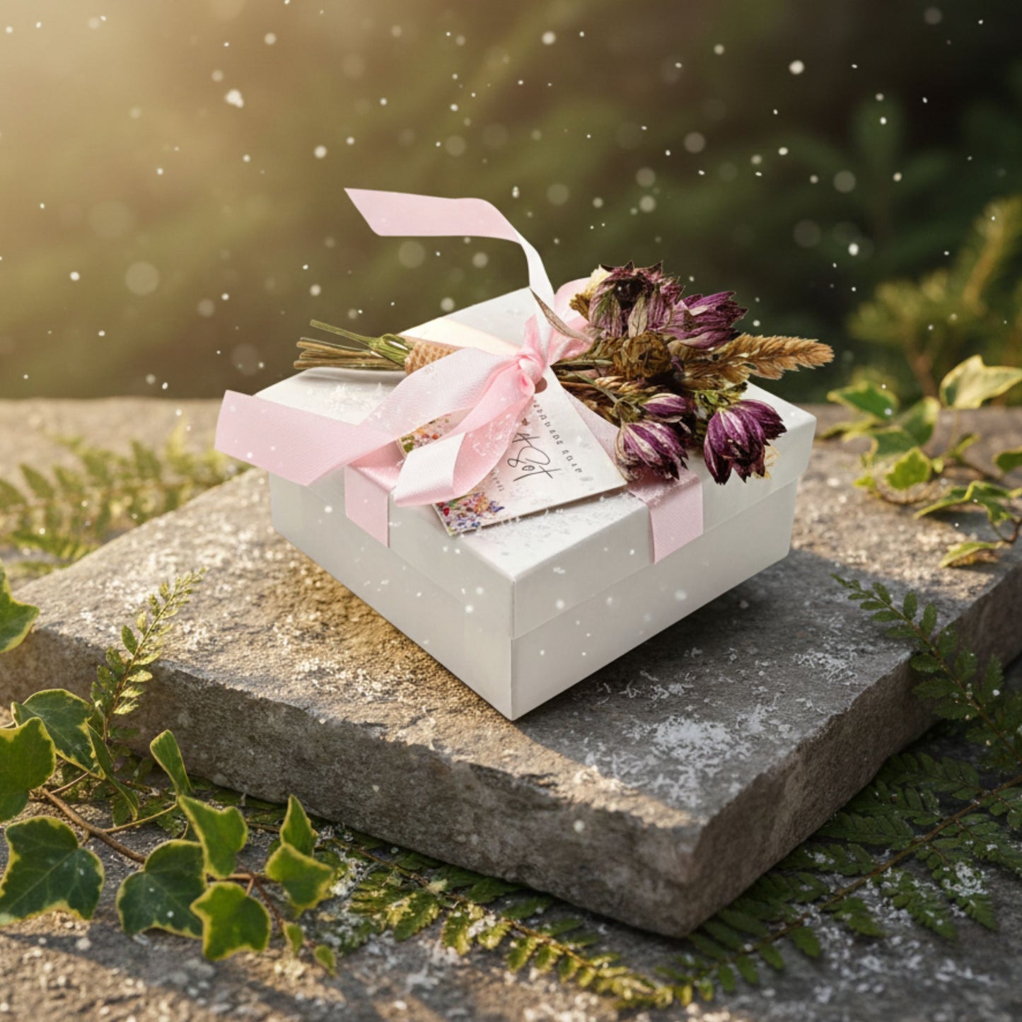 White gift box with pink ribbon and dried flowers on a stone surface with greenery.