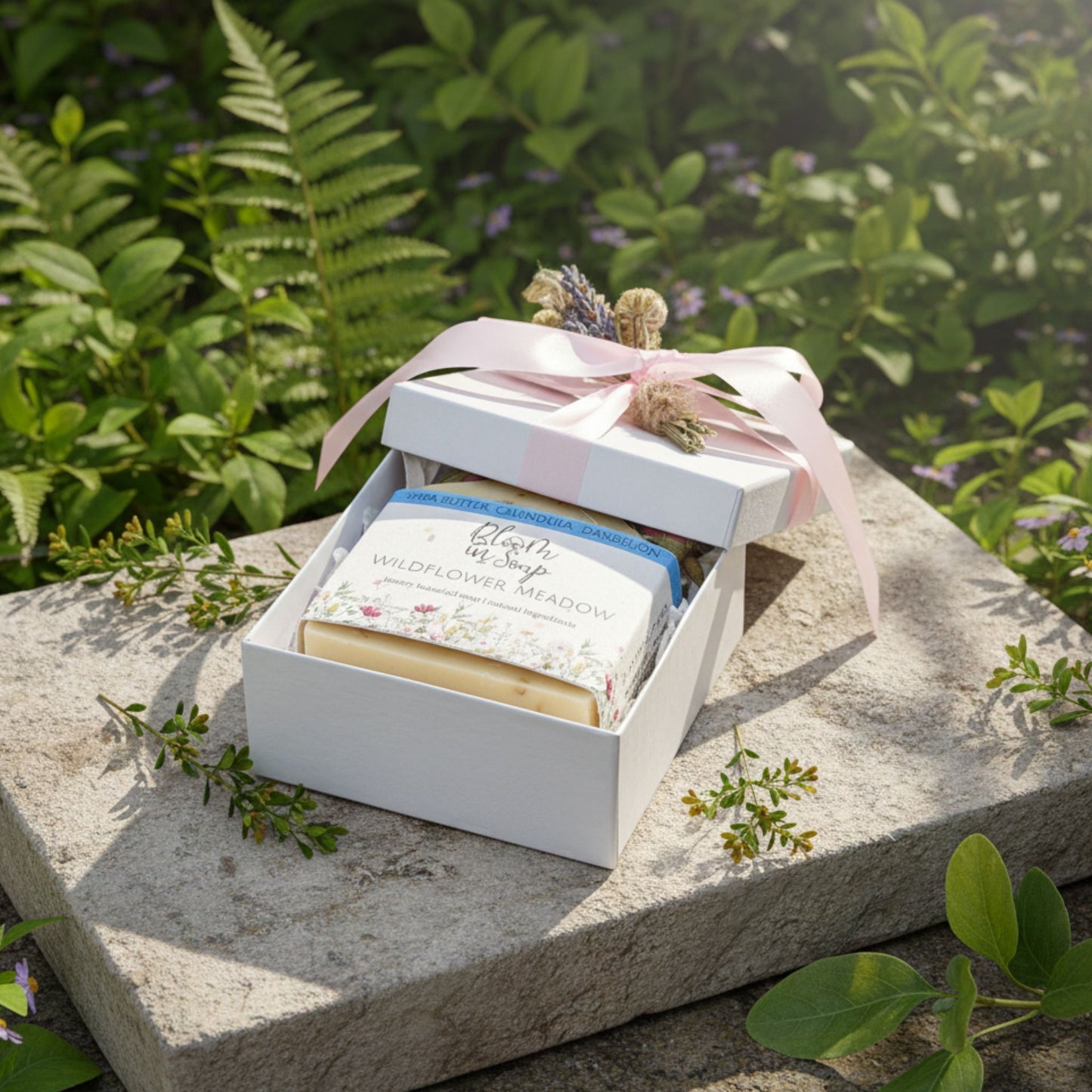 Gift box with soap and ribbon on a stone surface with greenery in the background