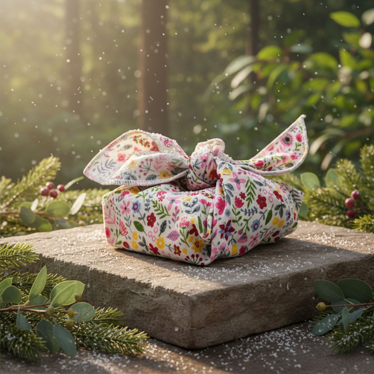 Gift furoshiki  with a bow on a stone surface outdoors.