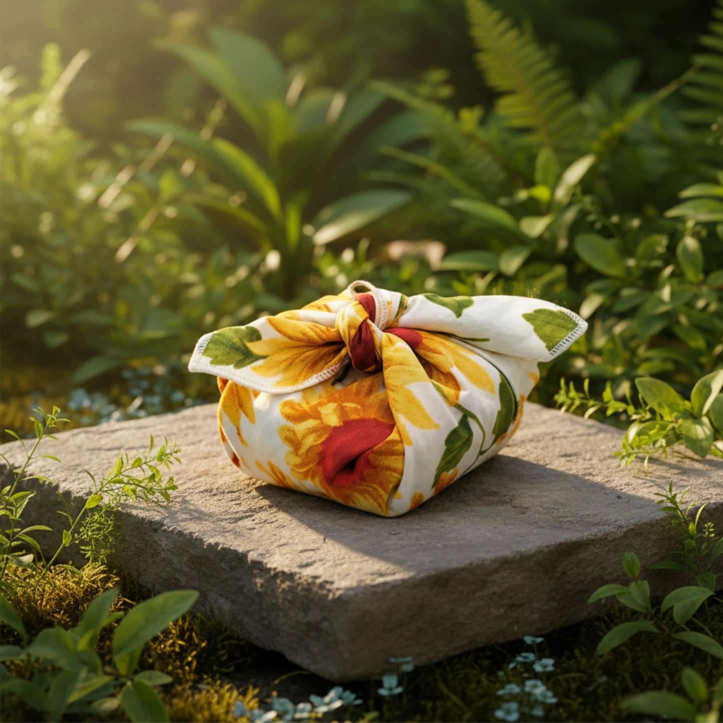 Floral fabric furoshiki wrapped gift on a stone in a natural setting