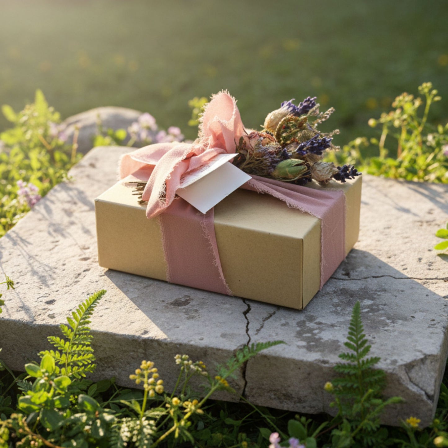 Gift box with pink ribbon and flowers on a stone surface with a natural background