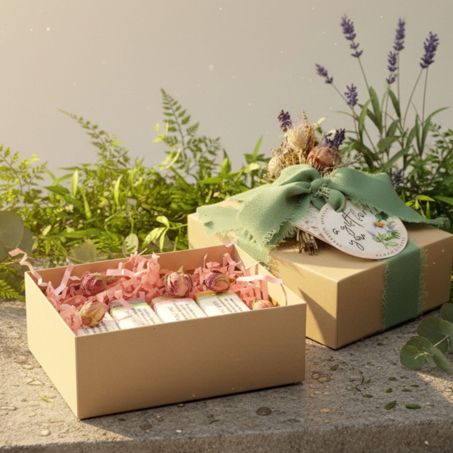 gift box with four bars of soap and greenery in the background