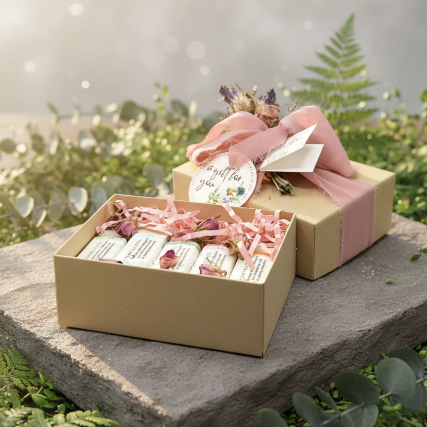 gift box with five bars of soap and greenery in the background