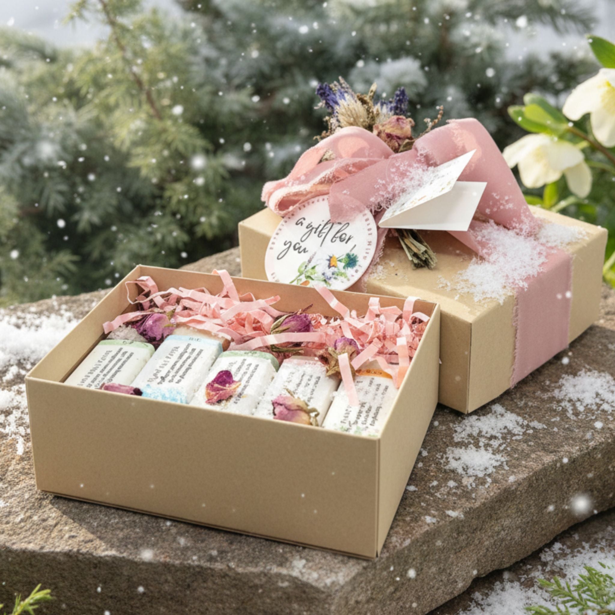 gift box with five bars of soap and greenery in the background with snow