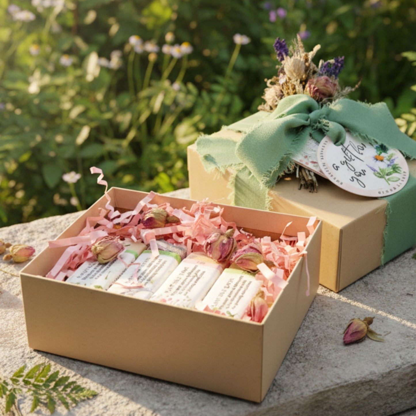 gift box with four bars of soap and greenery in the background