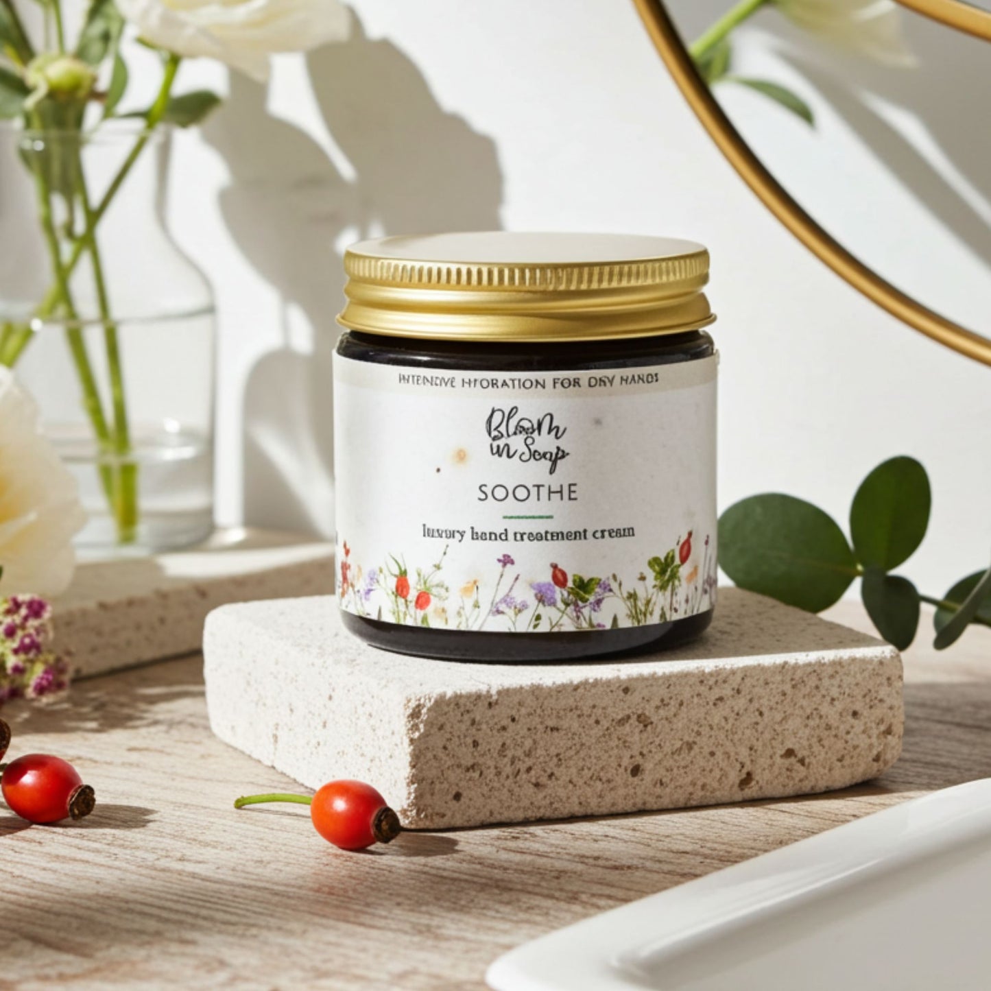 Jar of soothe hand cream on a stone with rosehips