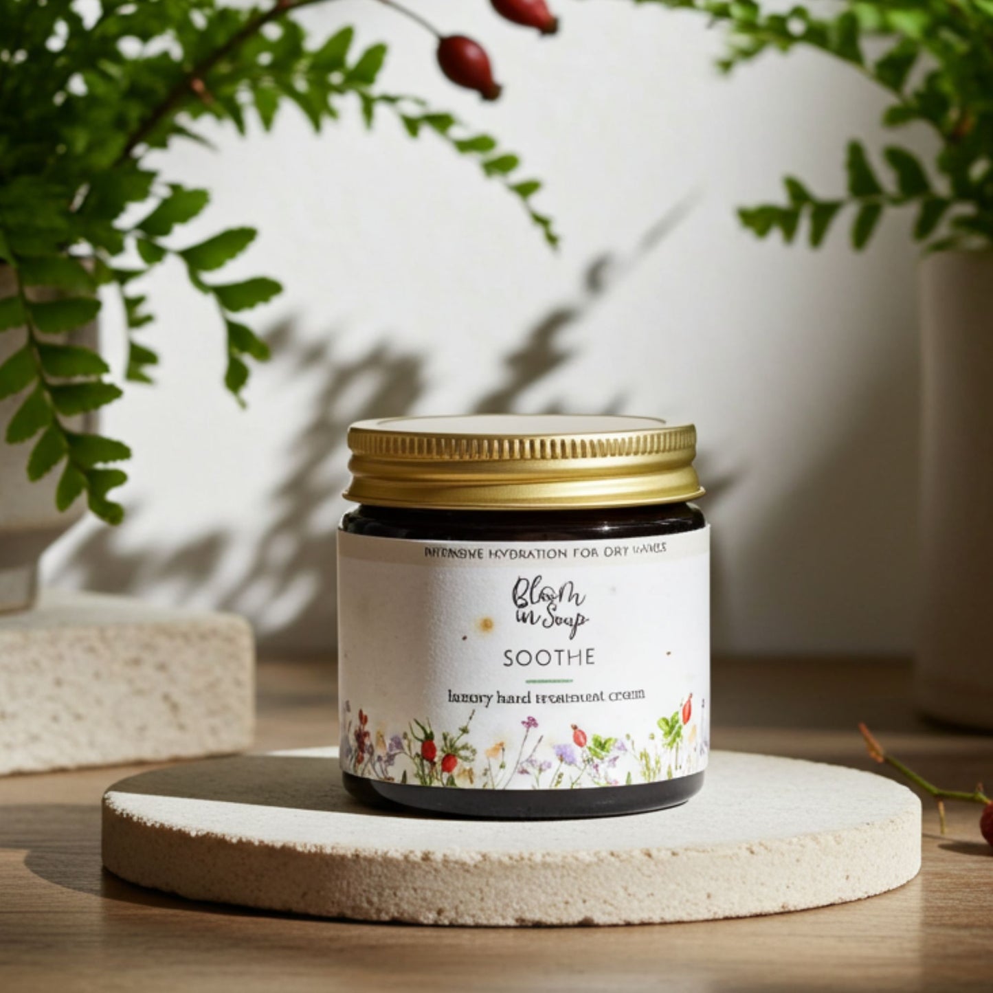 Soothe hand cream in a jar on a stone platform with greenery in the background