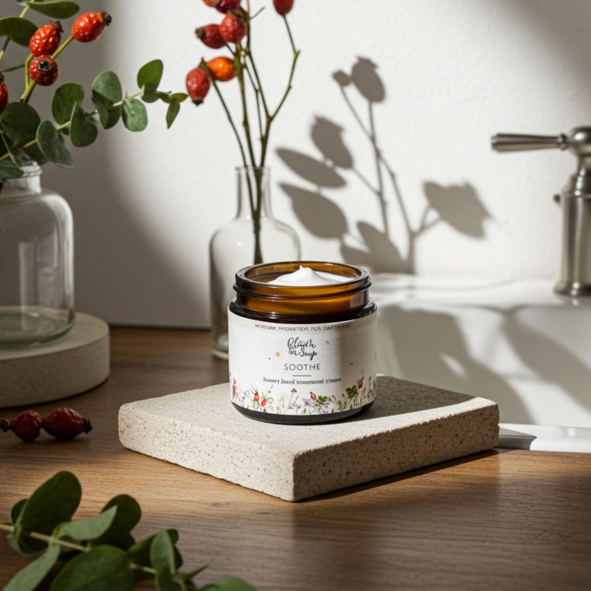 jar of soothe hand cream next to a sink with rosehips in the background