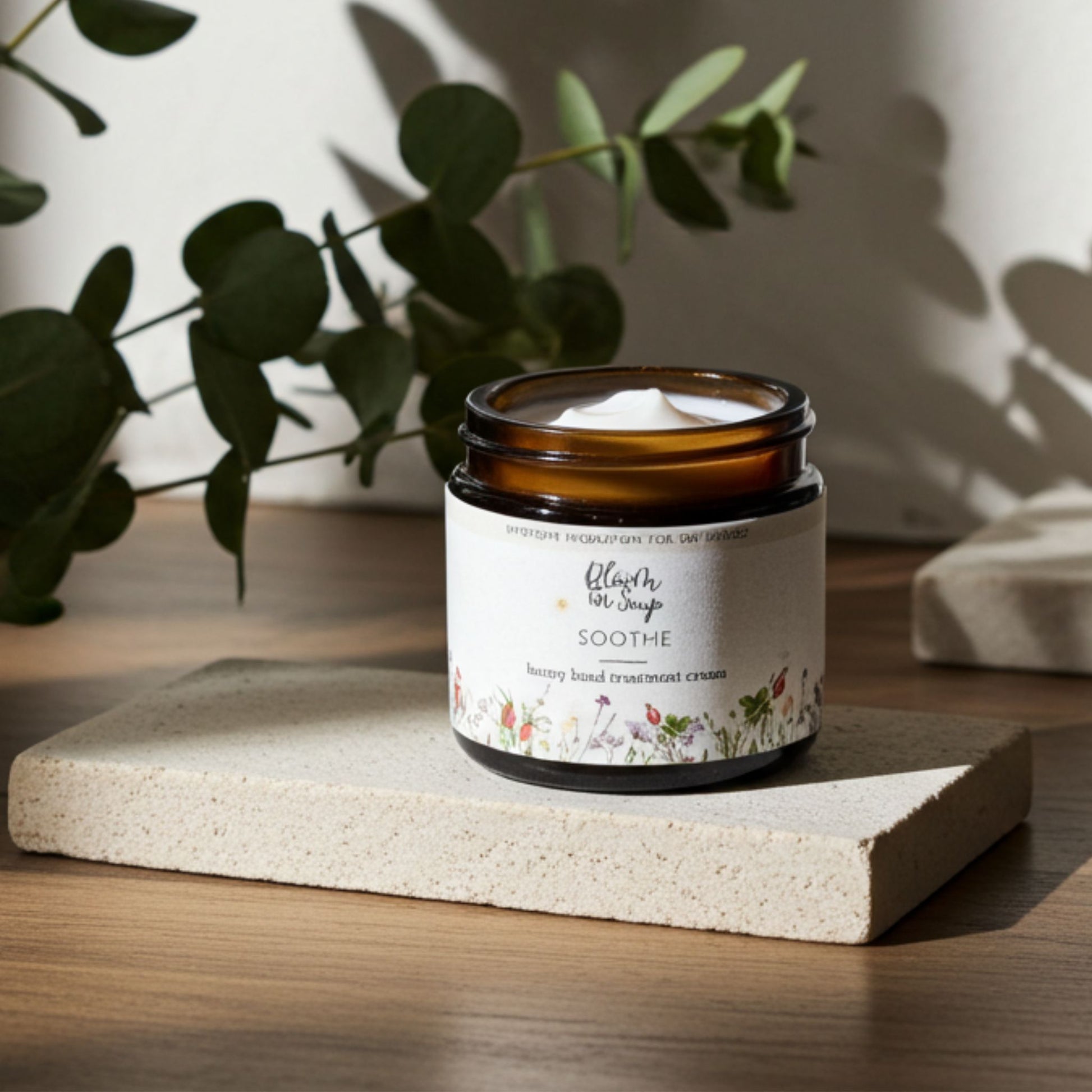 jar of soothe hand cream on a stone with greenery in the background