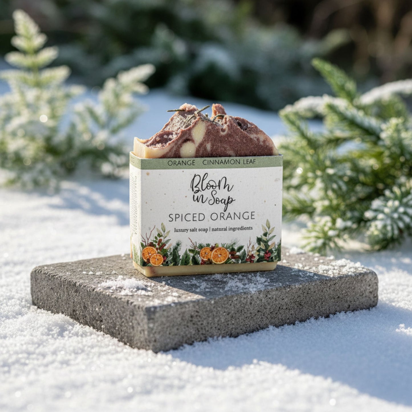 Spiced orange soap bar with packaging on a snowy surface