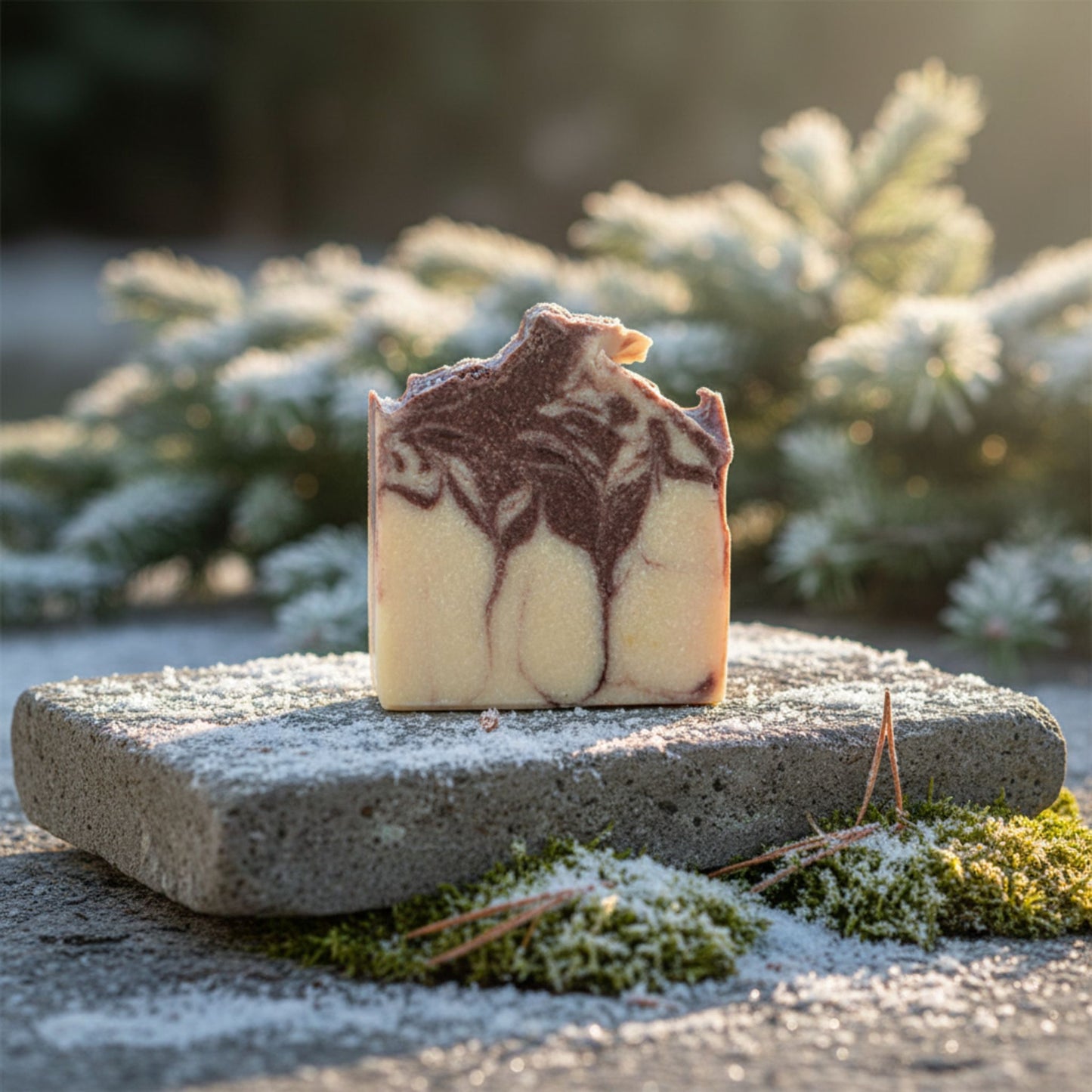 Marble-patterned soap bar on a stone surface with a blurred natural background