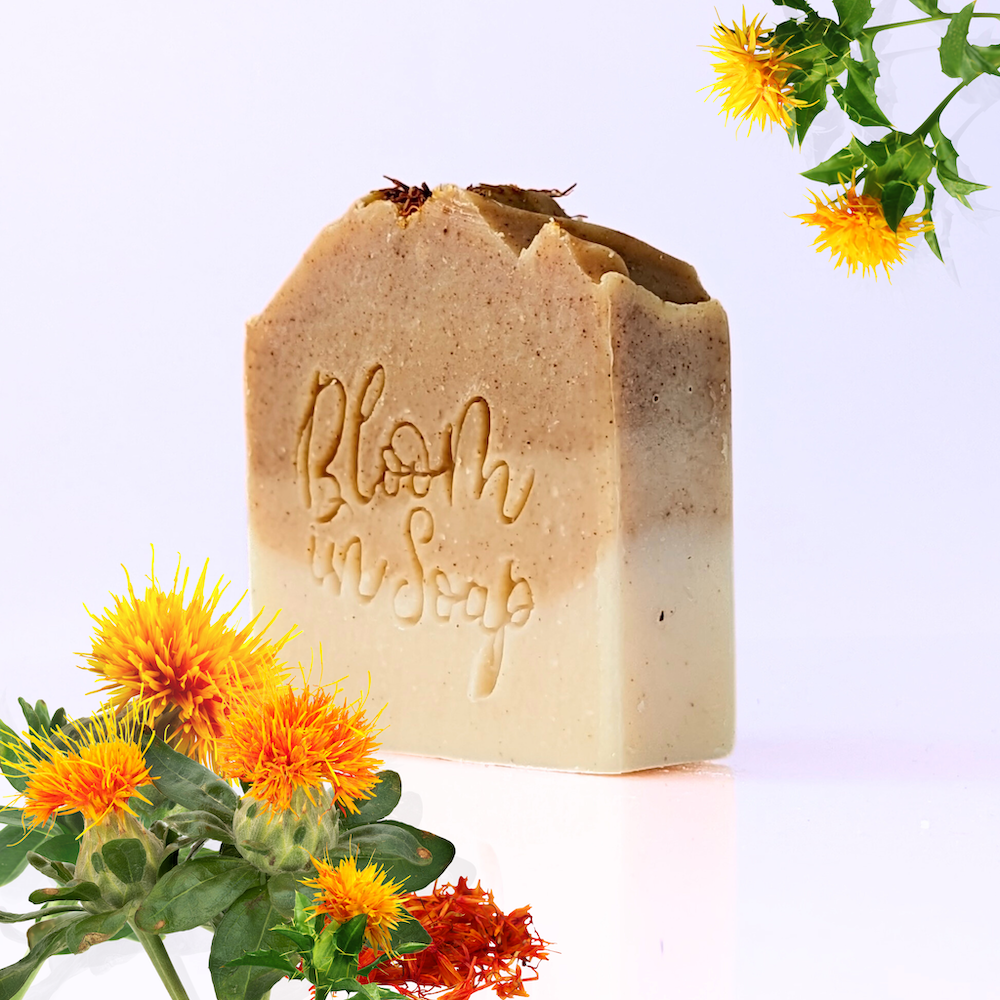 Turmeric natural soap bar from Bloom In Soap with safflowers