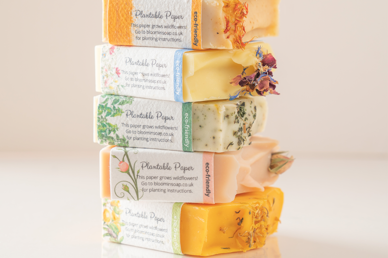 A stack of natural soaps