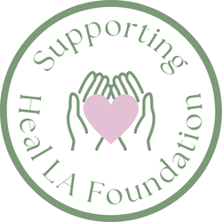 Logo of Heal LA Foundation with hands holding a heart and text 'Supporting Heal LA Foundation'.