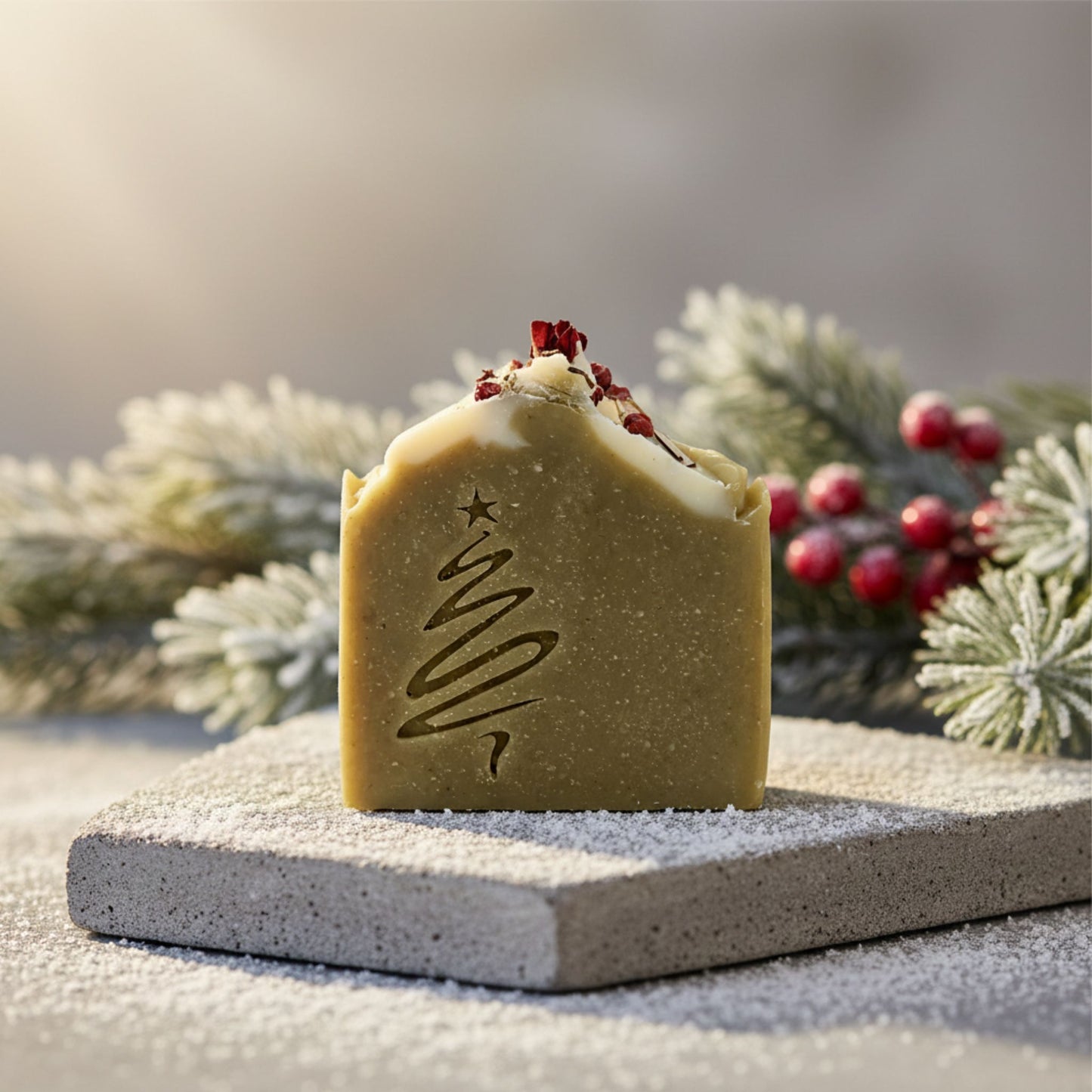Bar of soap with a Christmas tree design on a stone surface with festive decorations.