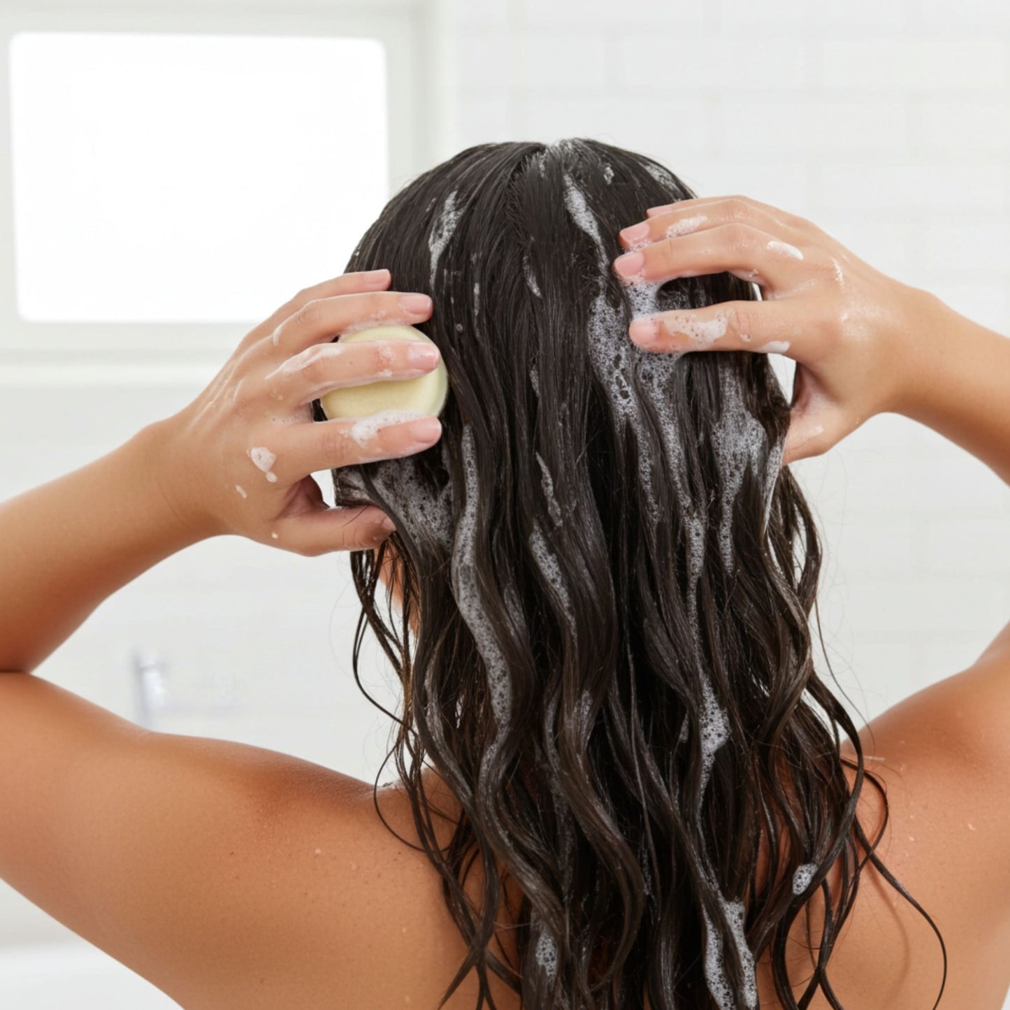a woman washing her hair with a shampoo bar