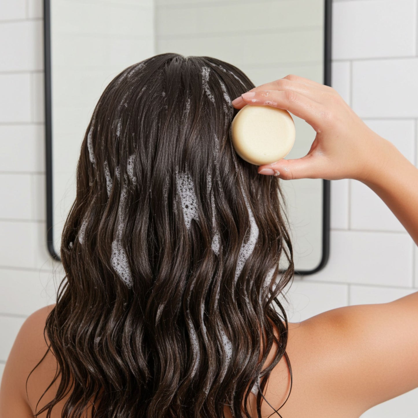 Person applying shampoo to their hair with a bar of shampoo in a bathroom setting