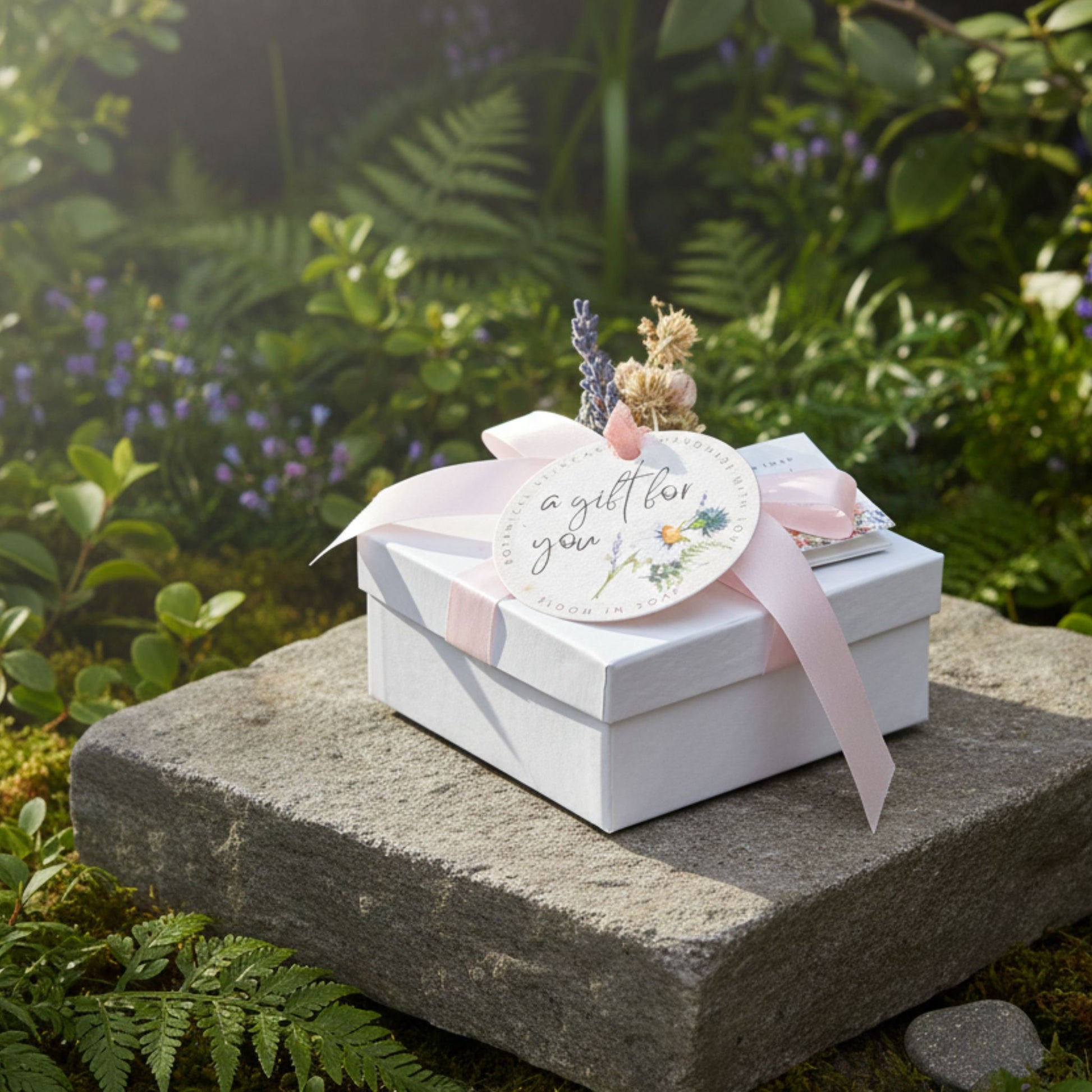 White gift box with decorative elements on a stone surface with a garden background