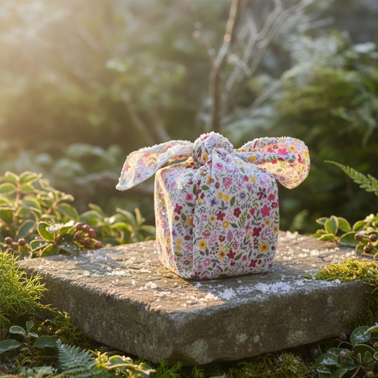 Floral-patterned fabric wrapped gift sitting on a stone in a garden setting