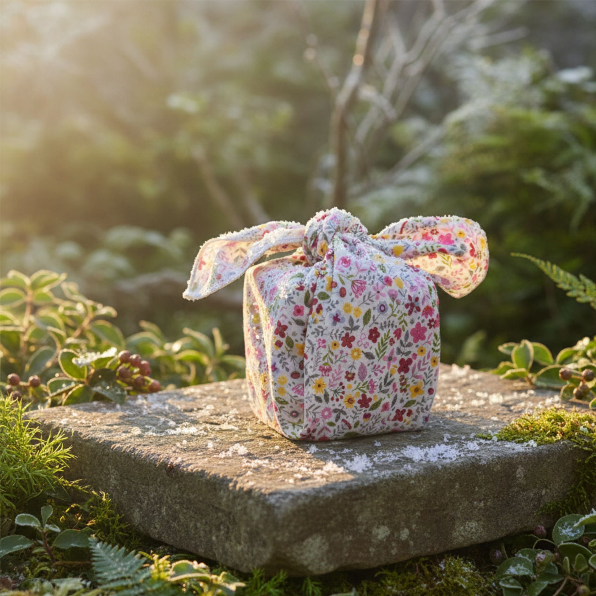 Floral-patterned fabric wrapped gift sitting on a stone in a garden setting