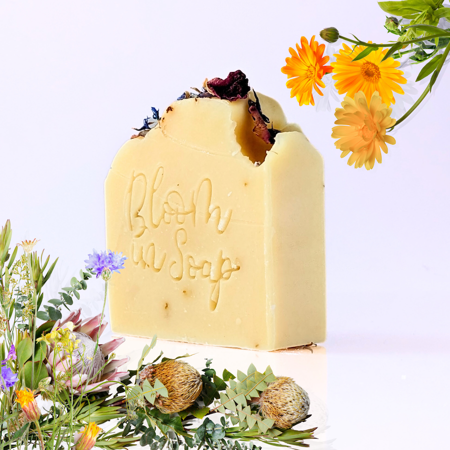 Yellow botanical soap with calendula and dandelions from Bloom In Soap
