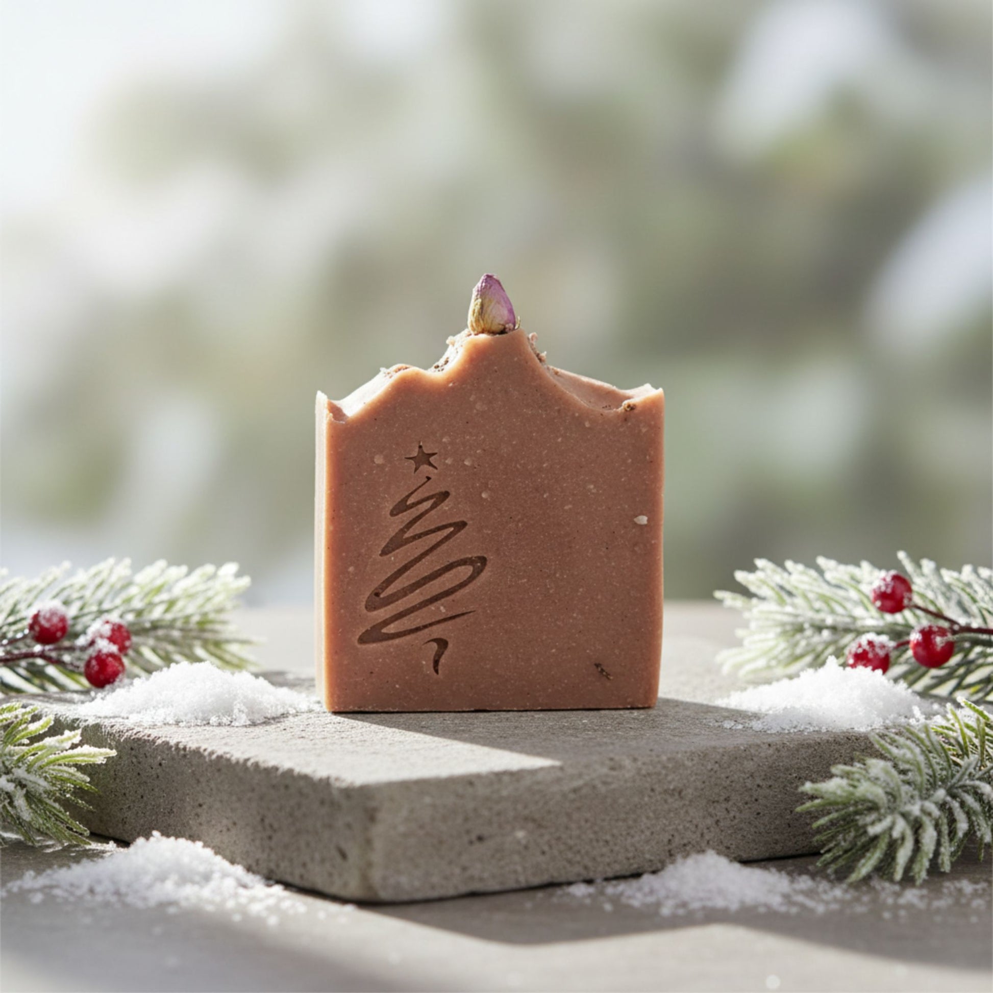 Natural handmade soap with a Christmas tree design on a snowy surface with evergreen branches.