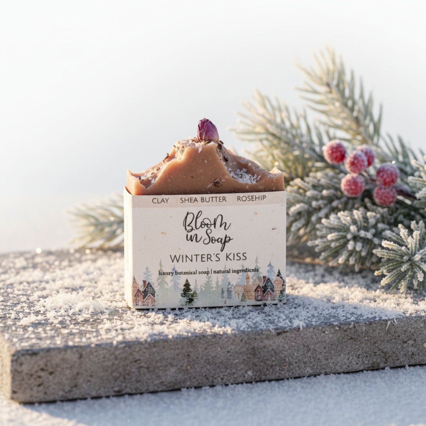 Bar of soap with a decorative box labeled 'Winter's Kiss' on a snowy surface with evergreen branches.