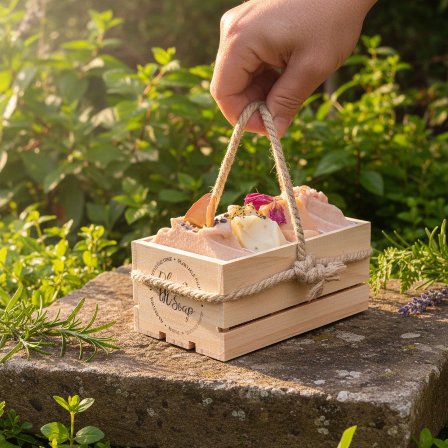 Hand holding a wooden basket with soap and flowers against a natural background