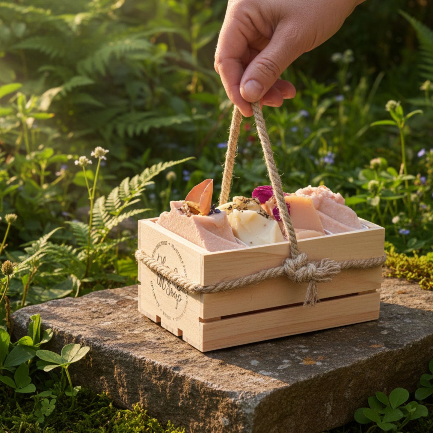 Wooden crate with soap and flowers held by a hand against a natural background