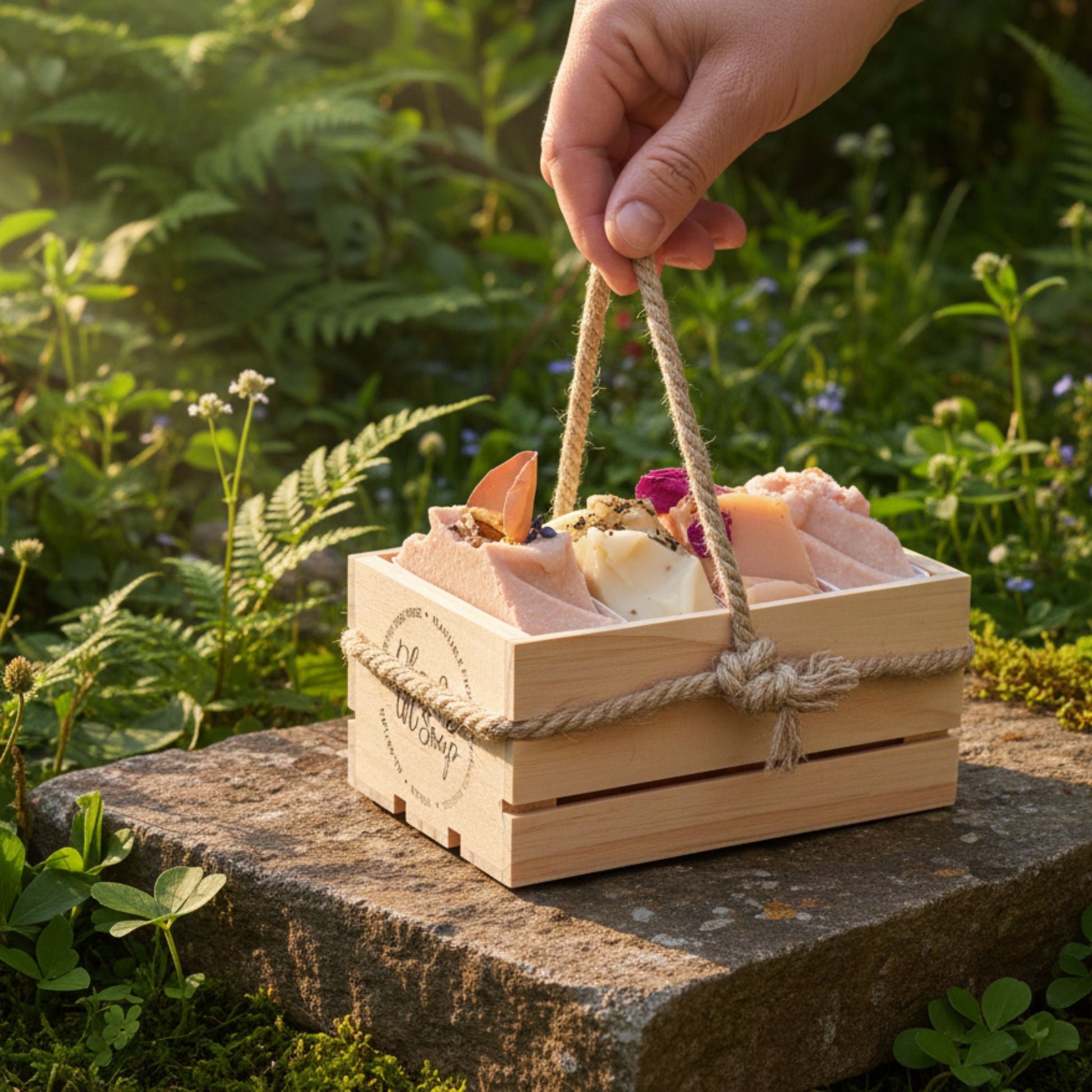 Wooden crate with soap and flowers held by a hand against a natural background