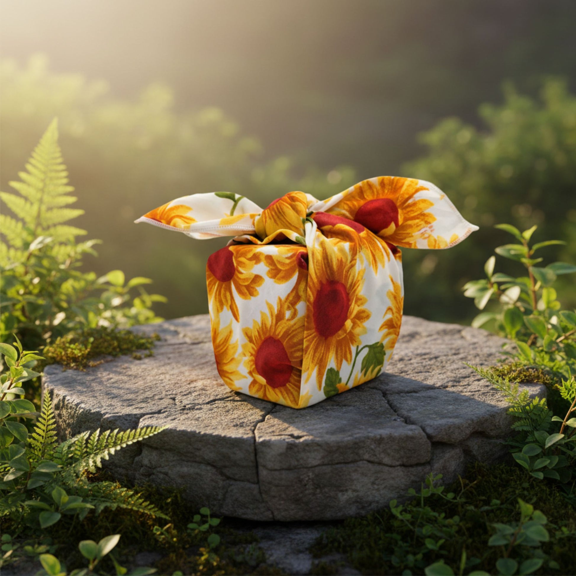 Floral-patterned fabric furoshiki on a stone surface with a natural background