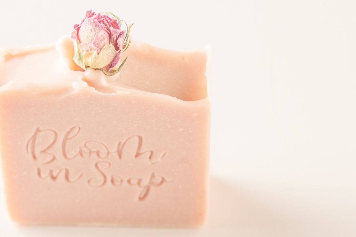 Pink bar of natural soap from Bloom In Soap