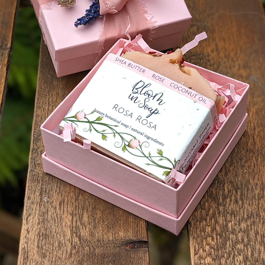 Pink gift box with a bar of pink handmade soap